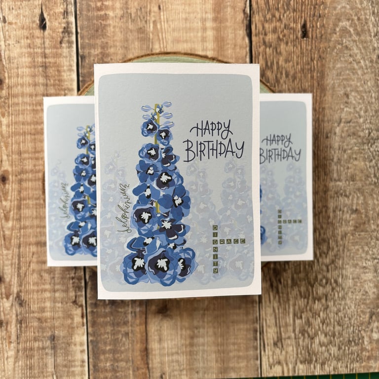 July Birth Flower Card, Delphinium, Larkspur, Birthday Card, Floral Greeting Car