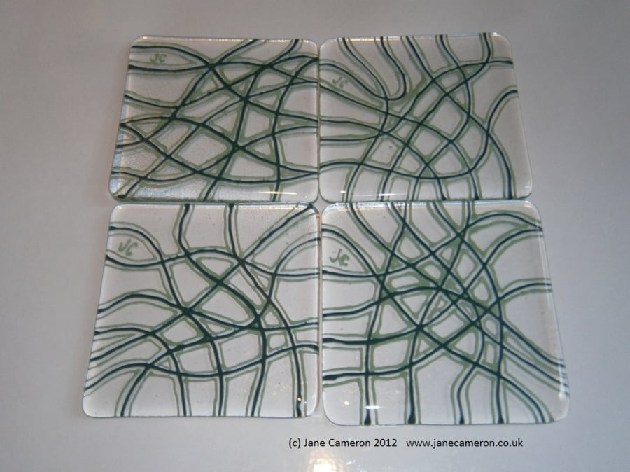 "Connections" - Green line fused glass coasters (Set of 4)