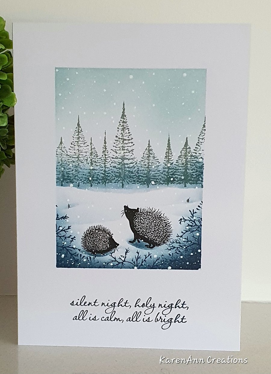 Christmas card, hedgehogs