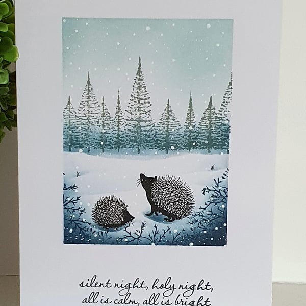 Christmas card, hedgehogs
