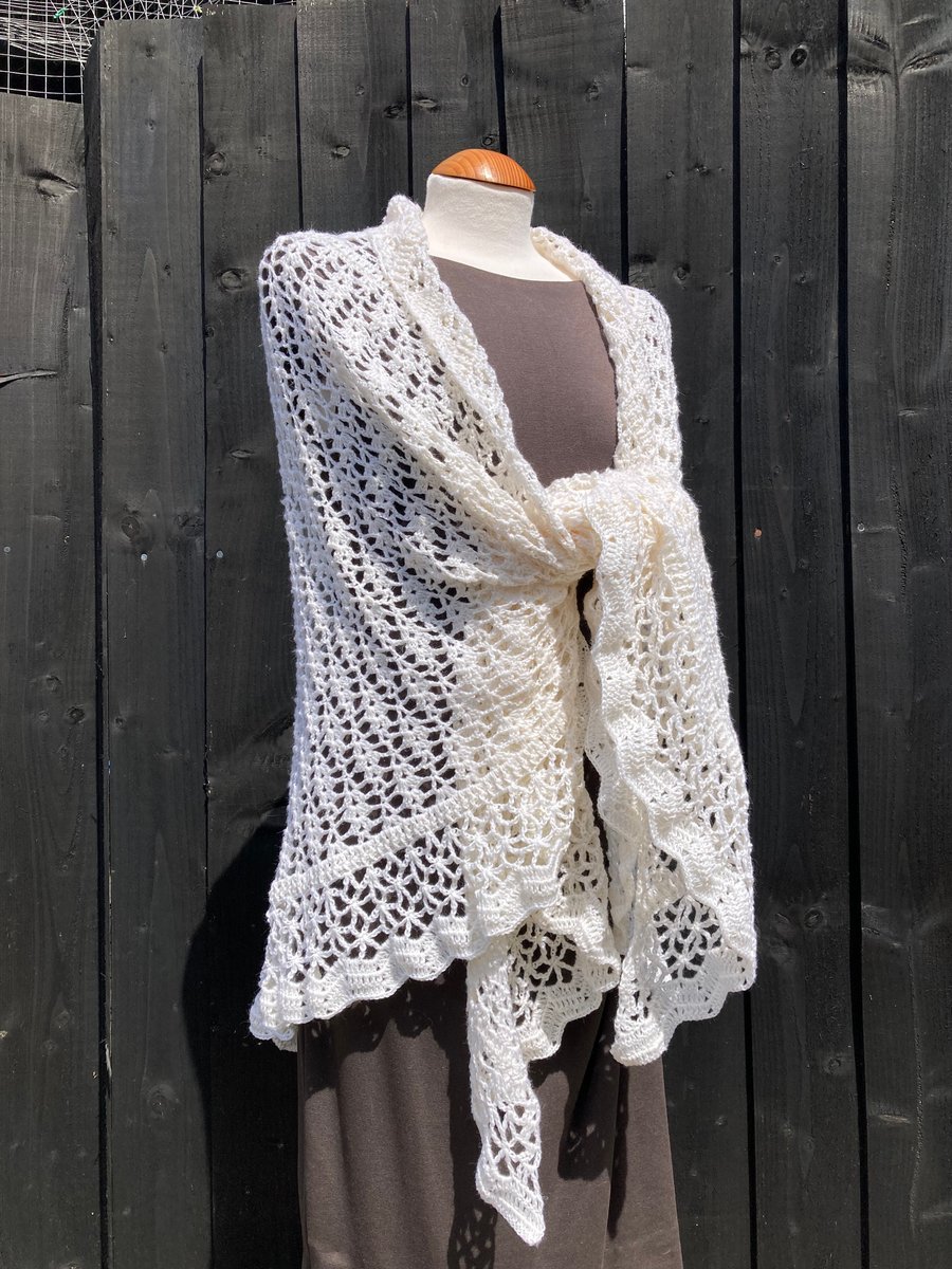 White Merino Wool Lace Triangular Wedding Shawl Wrap Scarf