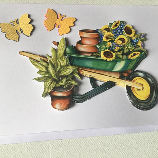 Card for gardener. Handmade decoupage card. Wheelbarrow. CC727