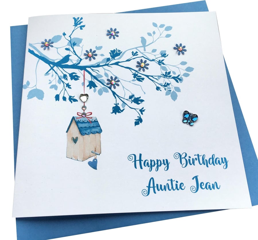 Personalised Handmade Blue Birdhouse and Blossom Tree Birthday -Thankyou- Get We