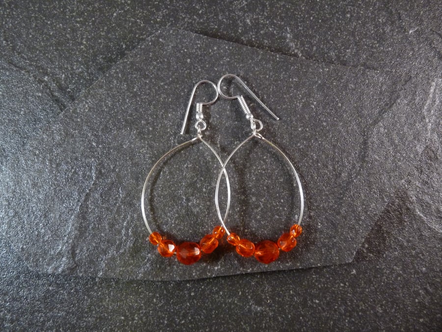 Large Hoop Earrings - Orange Faceted Glass - 40mm - Sliver Colour