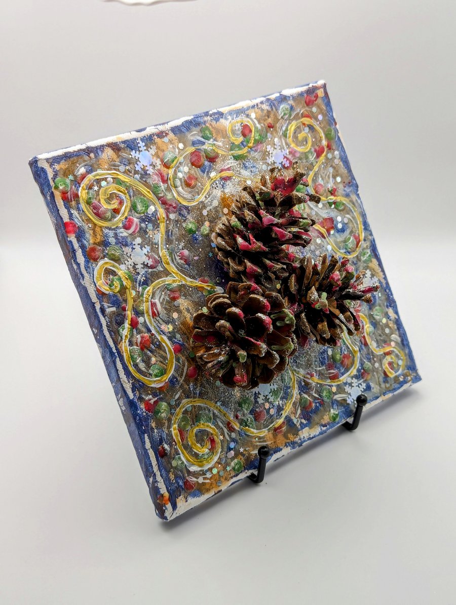 Pine Cones 3D Mixed Media Canvas Artwork with Glitter & Resin Unique Wall Art
