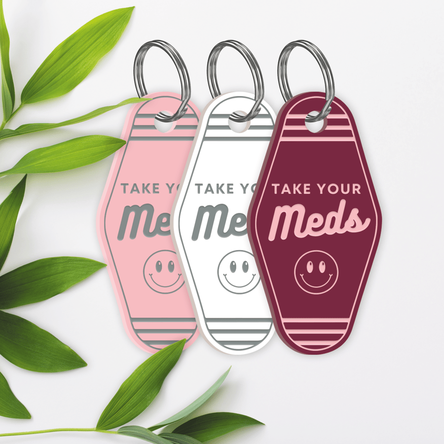 Take Your Meds - Smiley Face Keyring: Acrylic Motel-style Well-Being Keychain