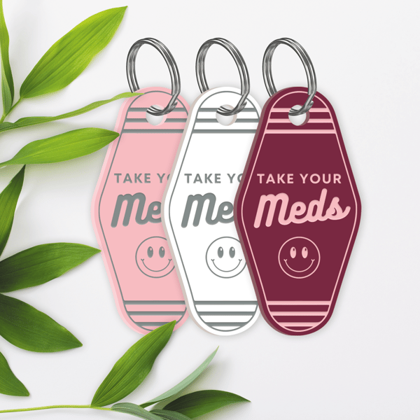 Take Your Meds - Smiley Face Keyring: Acrylic Motel-style Well-Being Keychain