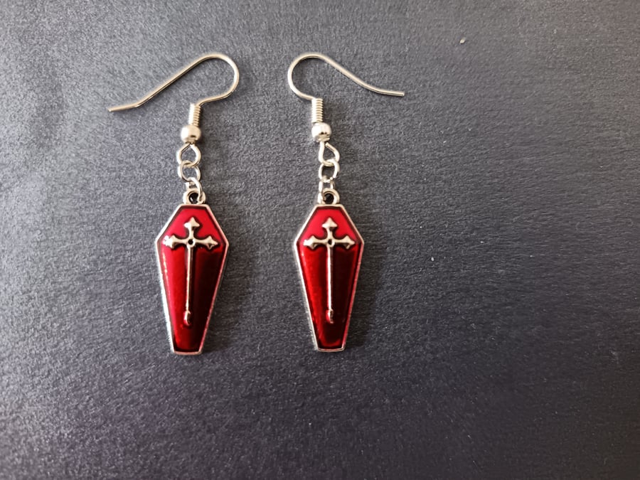 Handmade red and silver coffin charm dangle earrings 