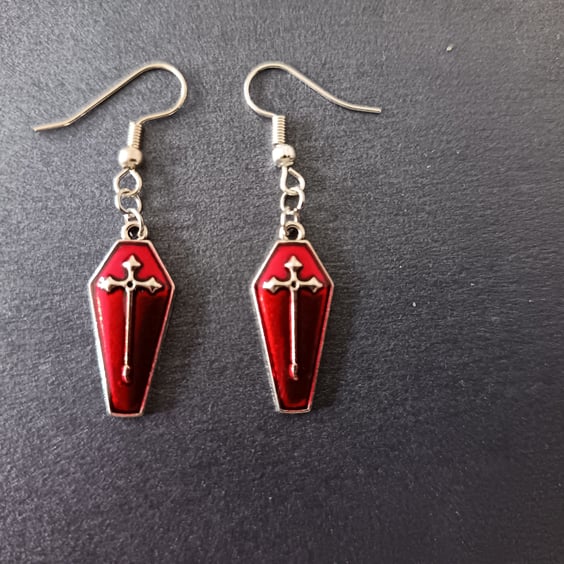 Handmade red and silver coffin charm dangle earrings 