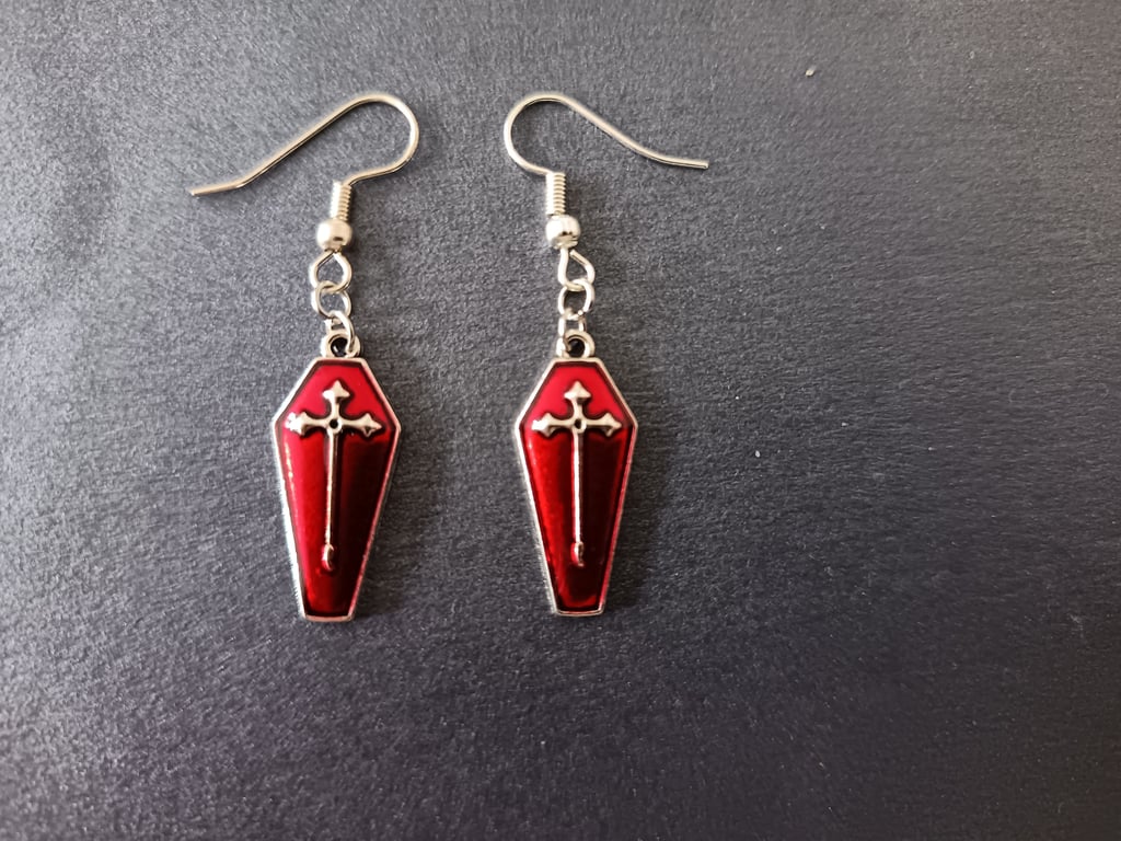 Handmade red and silver coffin charm dangle earrings 