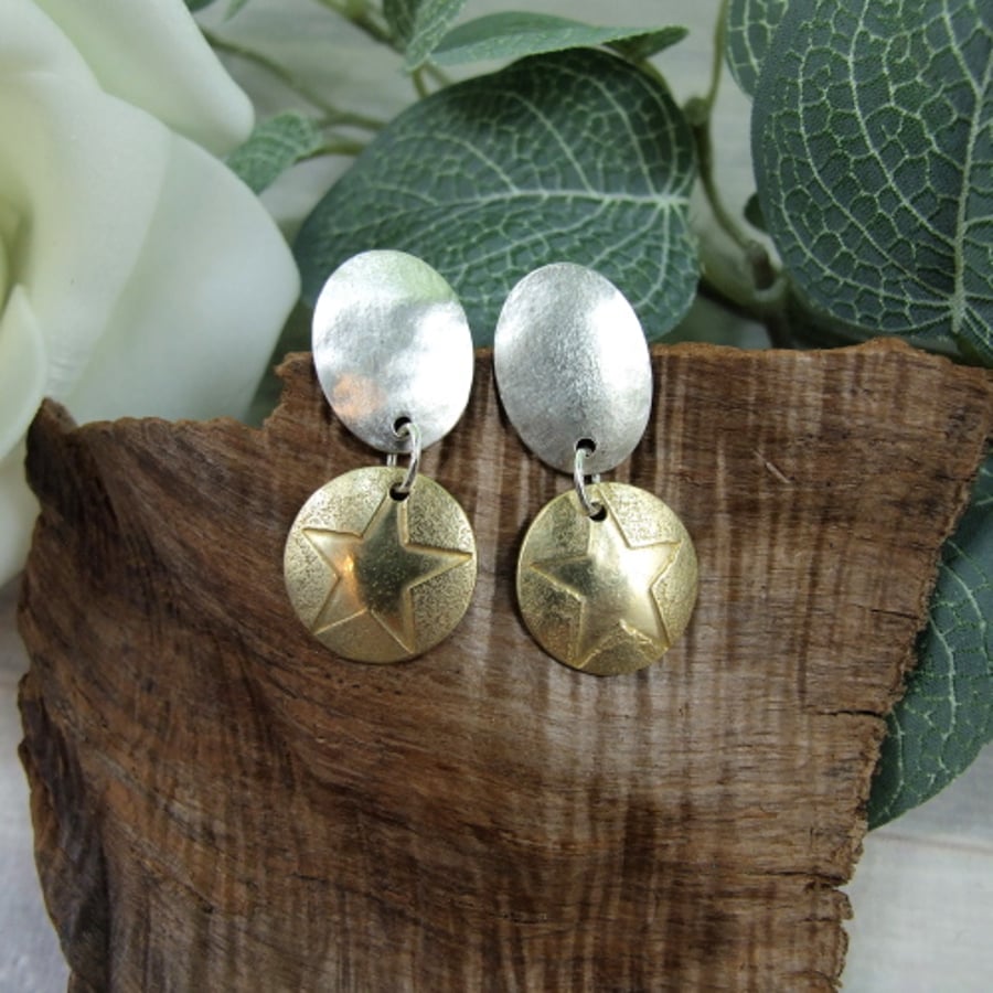 Earrings, Sterling Silver Oval and Brass Star Dropper Earrings