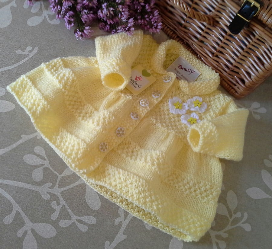 Lemon Hand Knitted Baby Girl's Coat -Dress  0-6 month's size