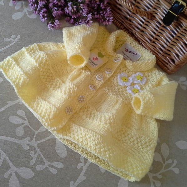 Lemon Hand Knitted Baby Girl's Coat -Dress  0-6 month's size