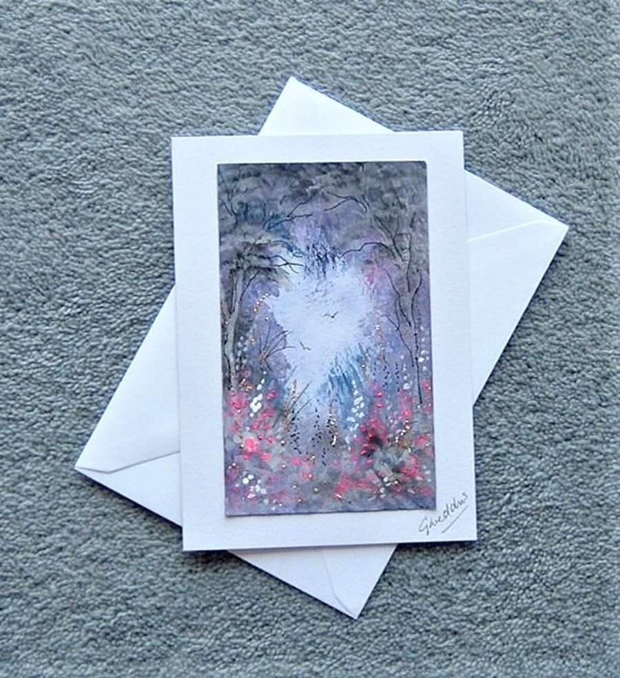 greetings card hand painted original fantasy woodland with glitter ( ref F 233 )