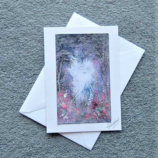 greetings card hand painted original fantasy woodland with glitter ( ref F 233 )