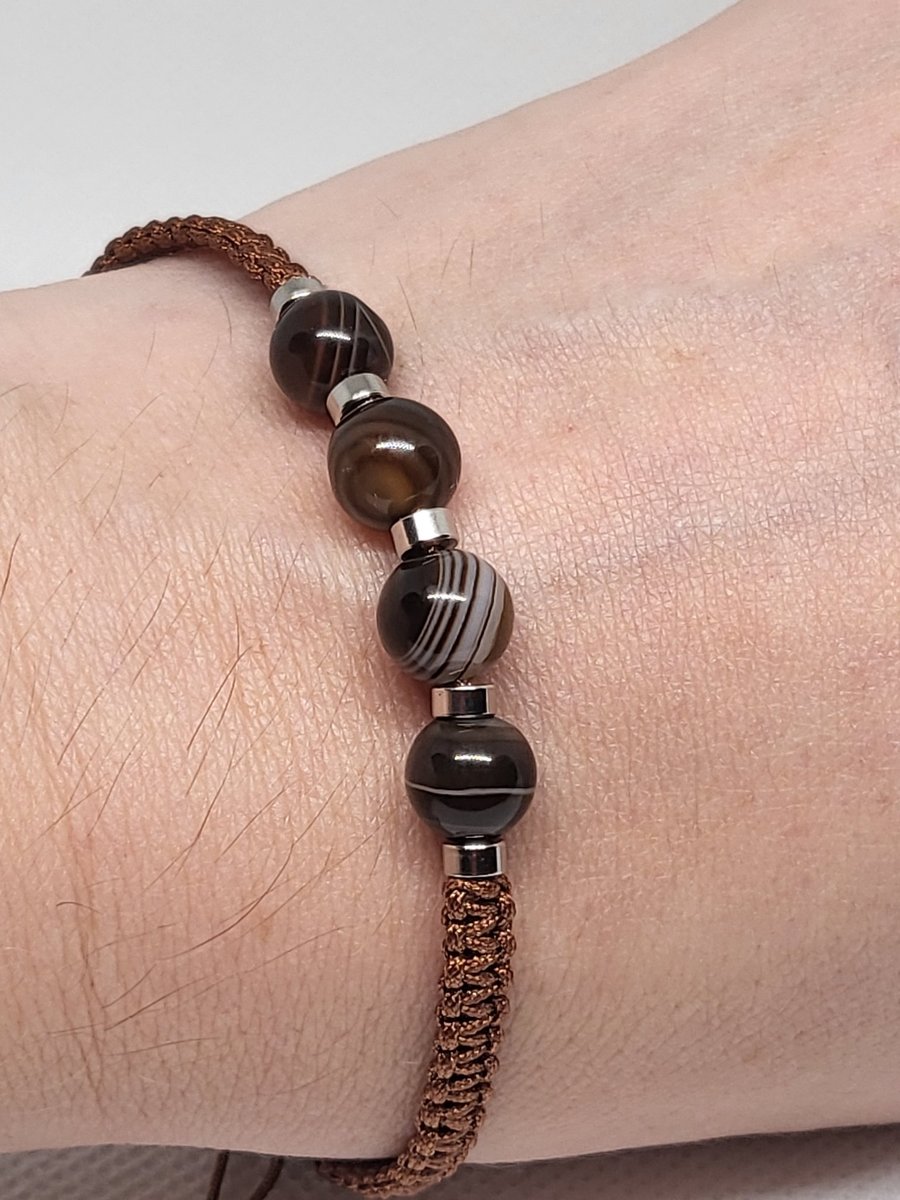Brown Banded Agate Bracelet Adjustable Cord Natural Stone Unisex Jewellery