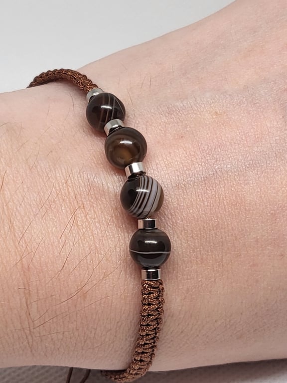 Brown Banded Agate Bracelet Adjustable Cord Natural Stone Unisex Jewellery