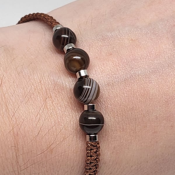 Brown Banded Agate Bracelet Adjustable Cord Natural Stone Unisex Jewellery