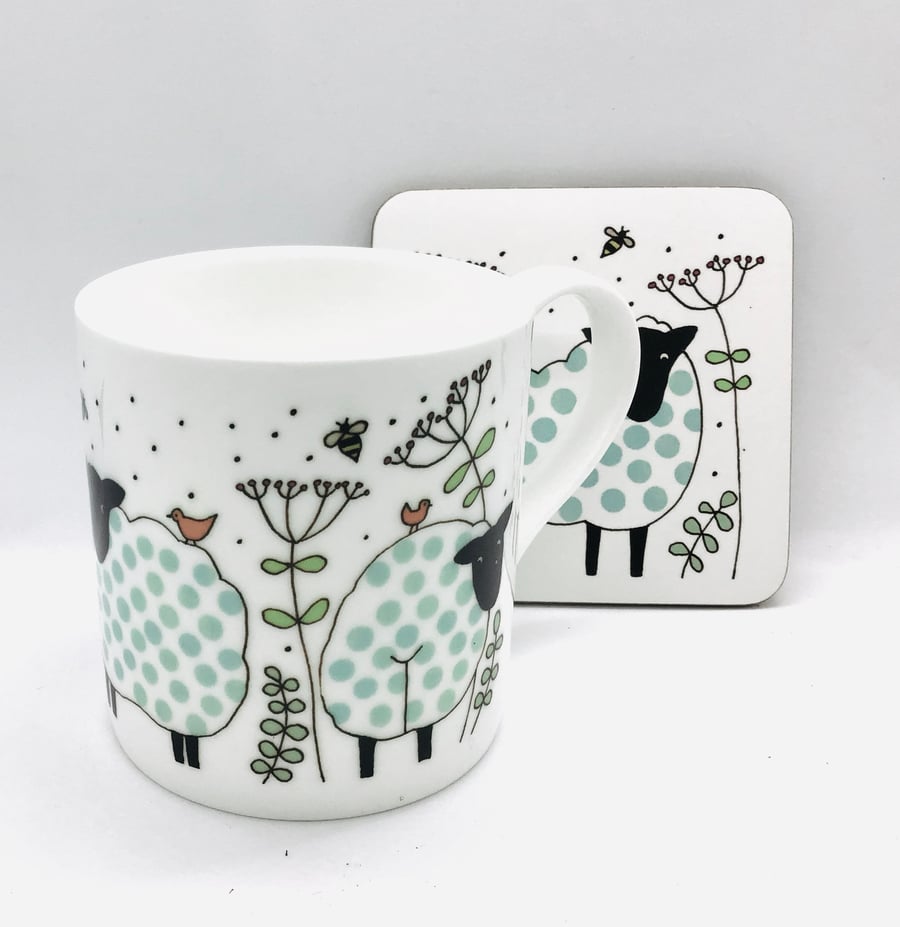 Dotty Sheep Folk Art Bone China Mug & Coaster - Handmade in Scotland