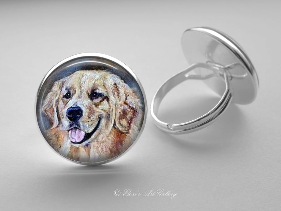 Silver Plated Labrador Dog Art Glass Cabochon Ring