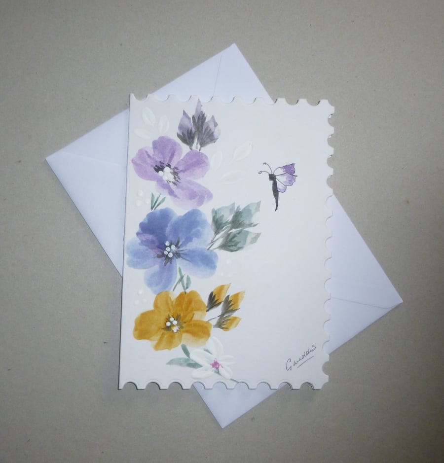 floral greetings card blank hand painted ( ref FA 59 D6 )