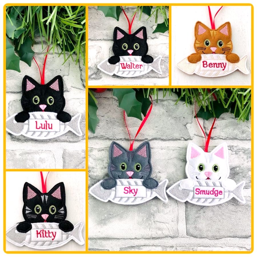Cat With Fish Hanging Decoration Personalised Gift