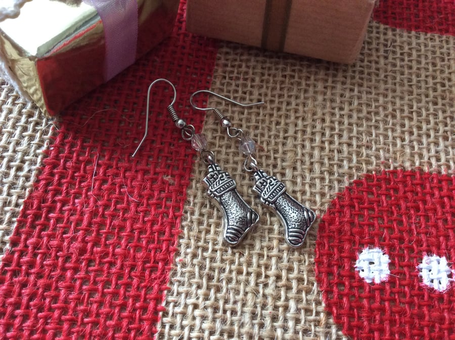 Christmas Novelty Tibetan Silver Crystal Stocking Earrings