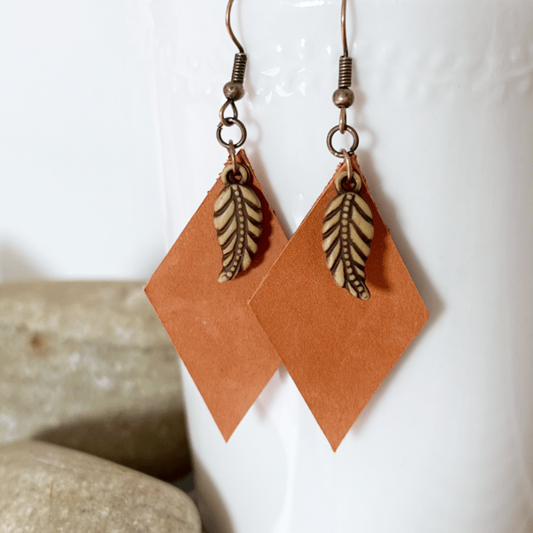 Orange Drops earrings made with Leather and Leaf charm