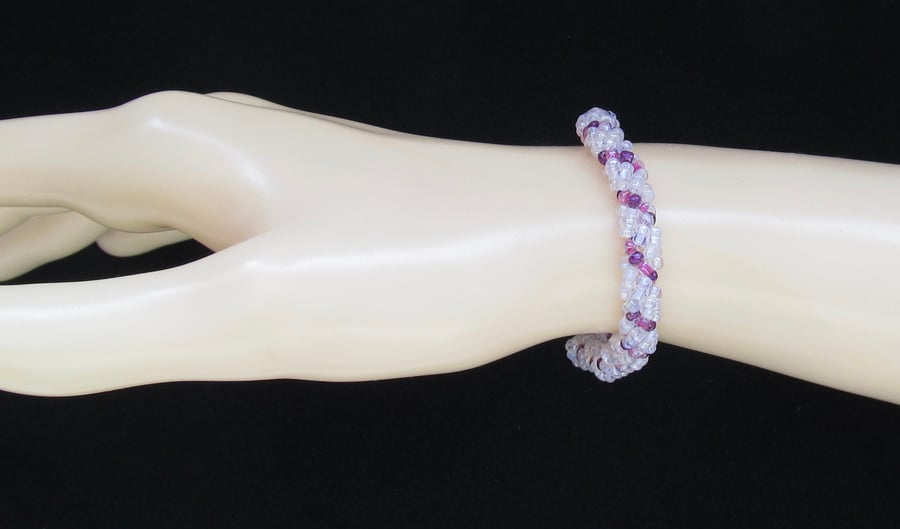 Purple & Silver Lined Seed Bead Spiral Rope Weave Beaded Bracelet