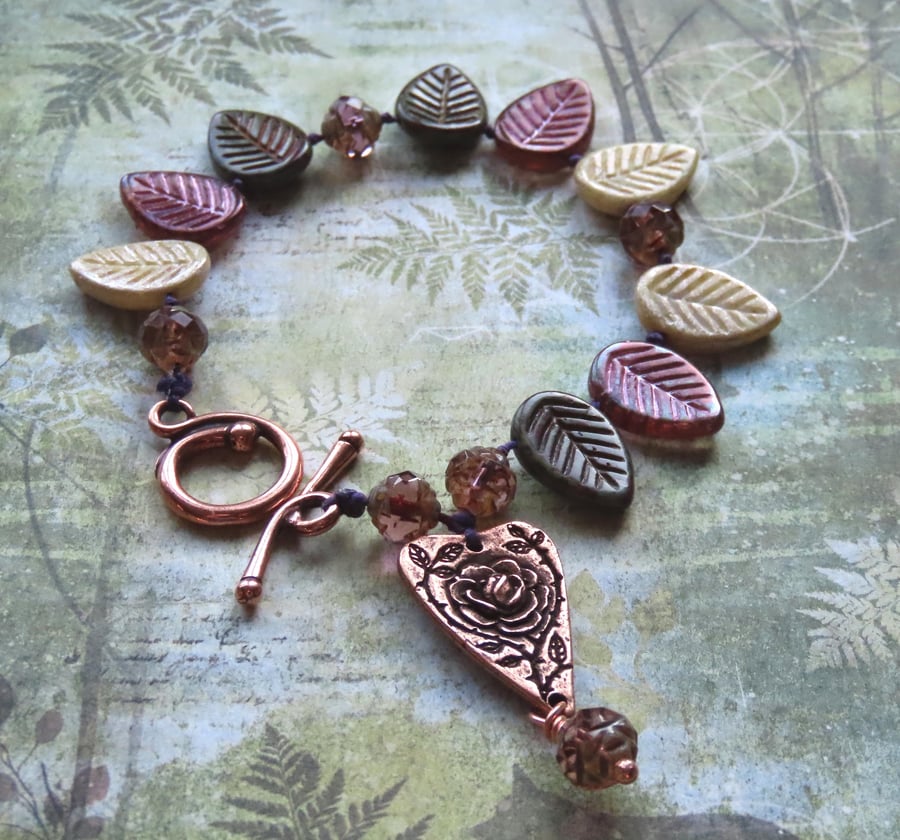 Artisan Autumnal Leaf Bracelet, "Dogwood and Rose" OOAK Czech Glass Bracelet