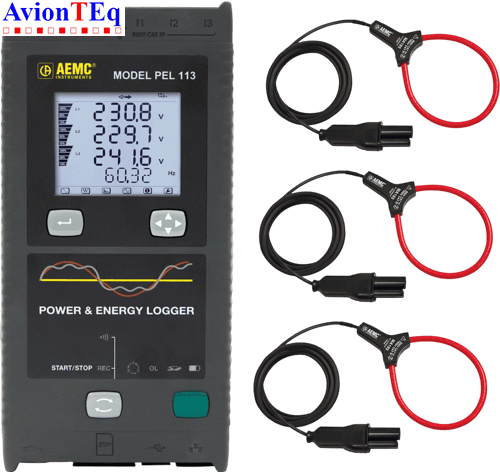 AEMC Instruments PEL 113 Power & Energy Logger (LCD Screen, with 3 MA193-10-BK Sensors) ETL