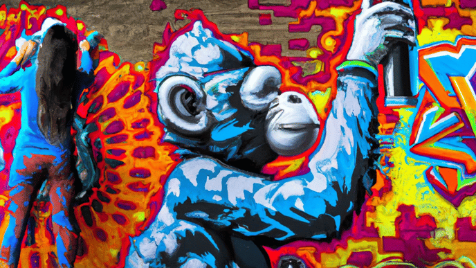 A woman spray painting a monkey that is spray painting