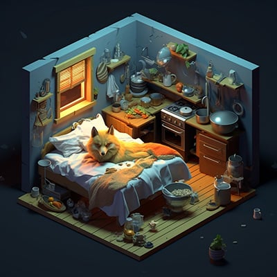 Isometric view of a wolf in bed