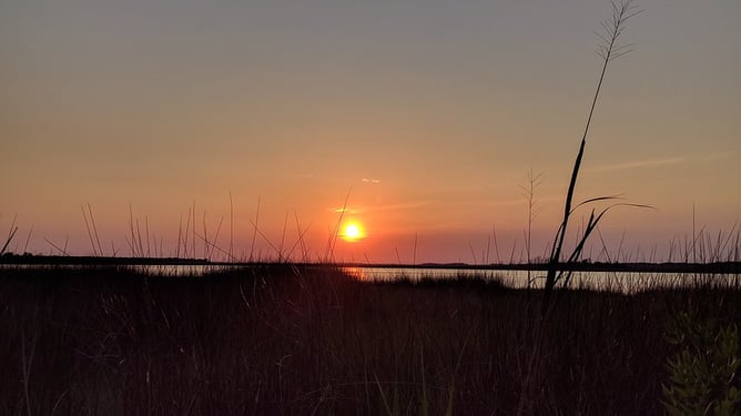 The sun rises over the river