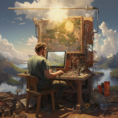 A man sits at a computer terminal typing, to pain a beautiful paining hanging above him.