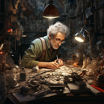 A white-haired, bearded man performs intricate work on small parts in his cluttered office.