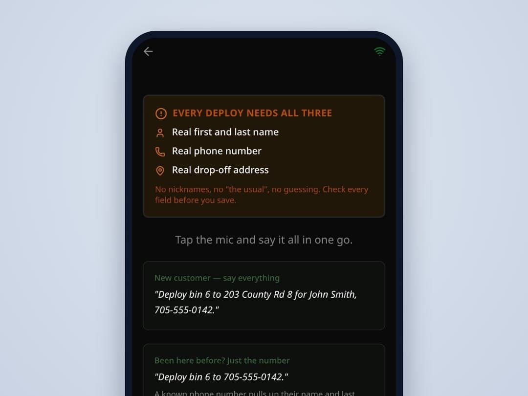 Voice deploy screen: tap the mic and say the drop-off in one sentence