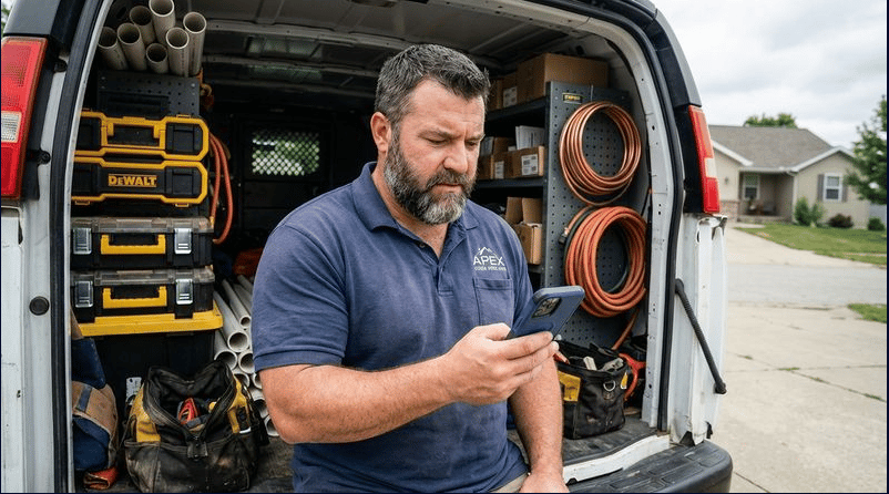 A tradesperson checking his phone at the back of his van
