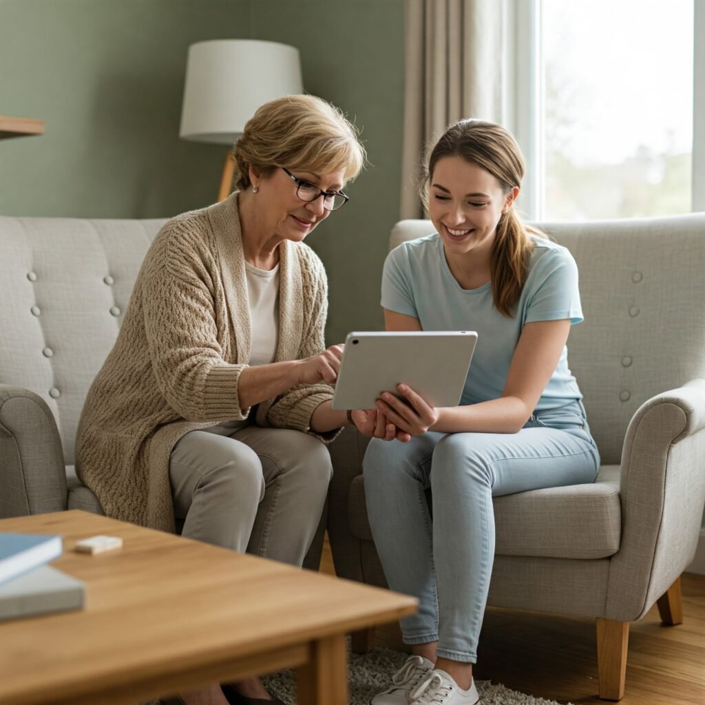 A Kawartha TechCare helper showing a woman how to use her tablet on the couch