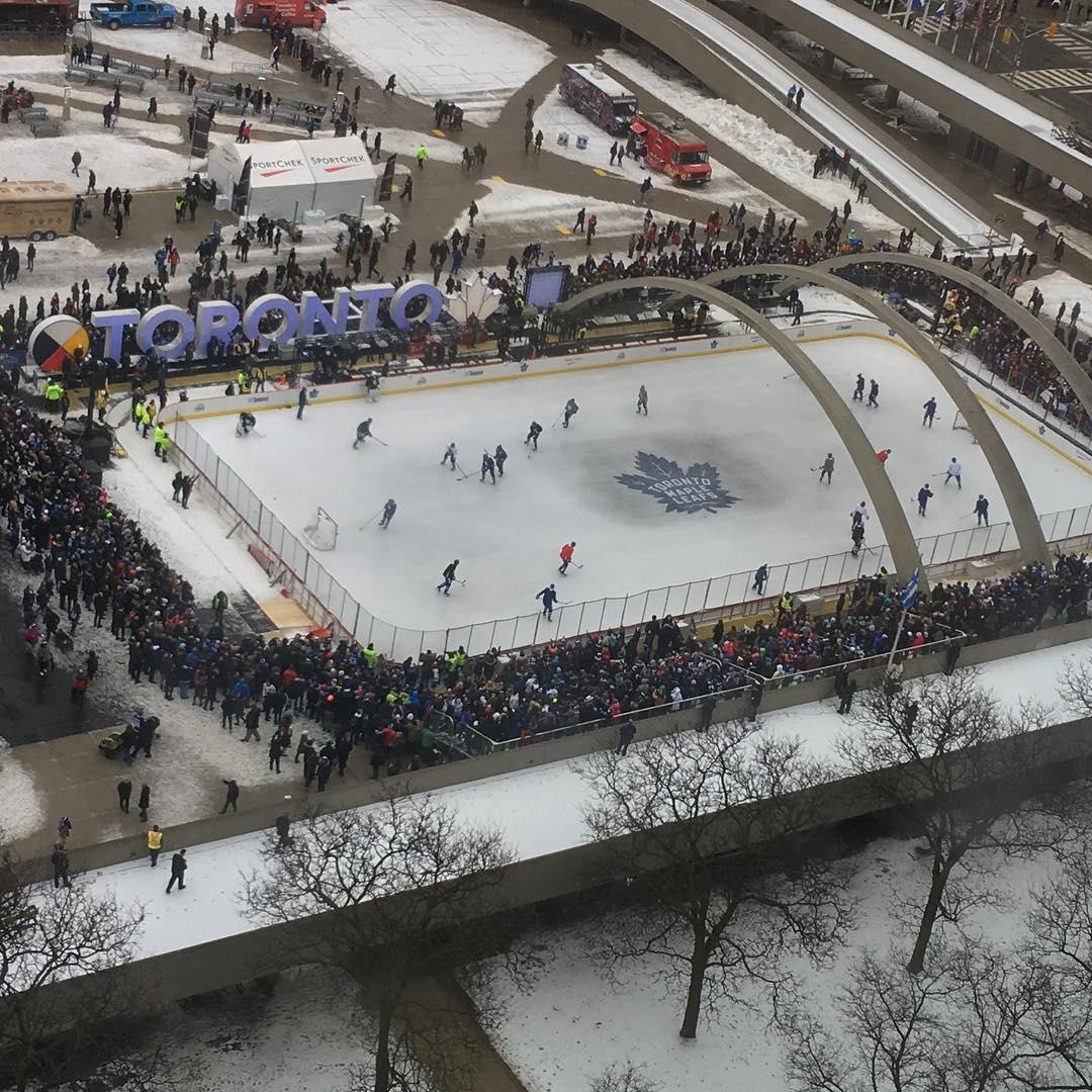 Timberfell bleachers full of spectators at a Toronto outdoor rink event