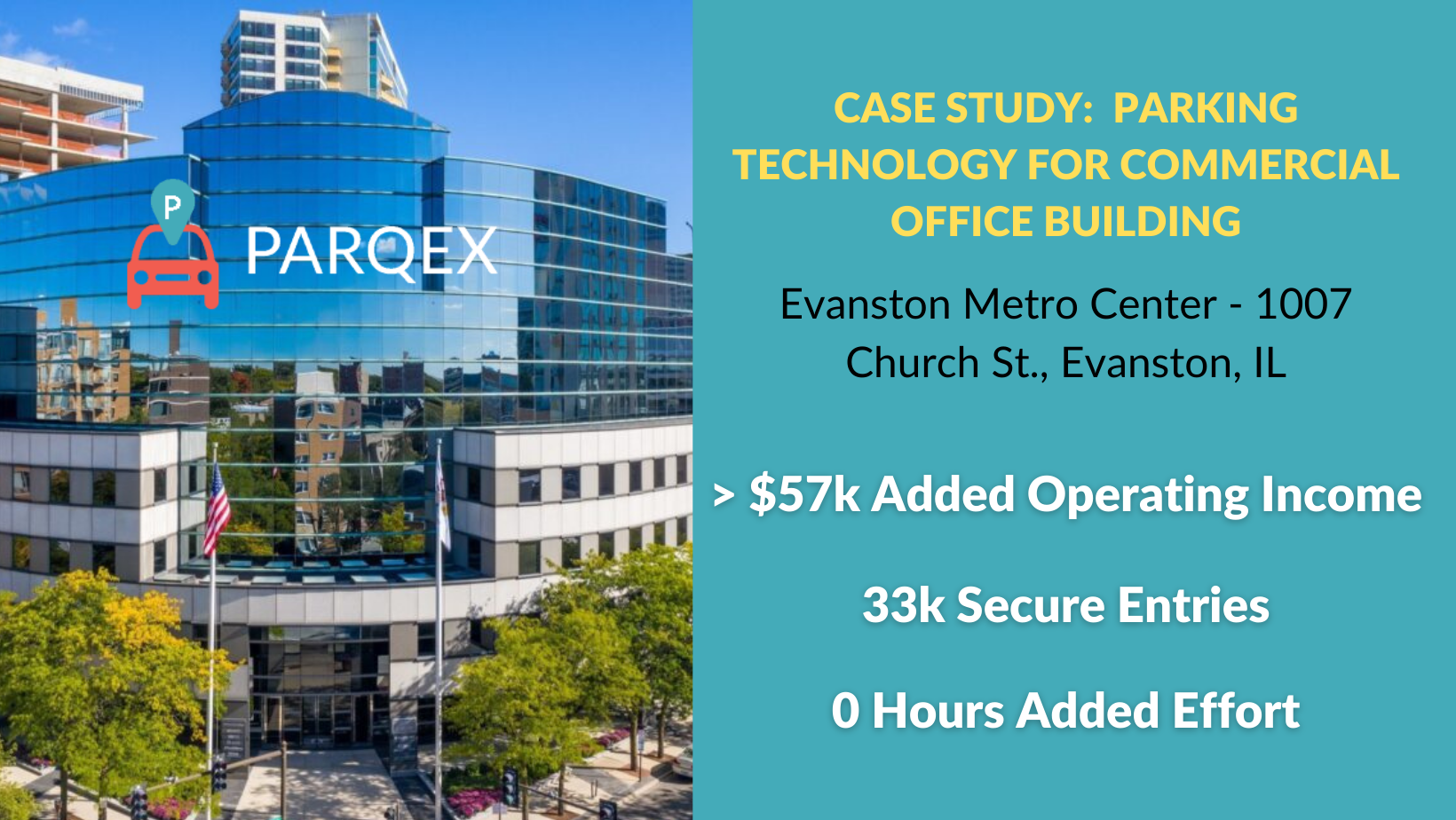 Case Study Evanston Metro Parqex Parking Technology For Commercial Office Building demonstrating ParqEx's smart parking technology in action.