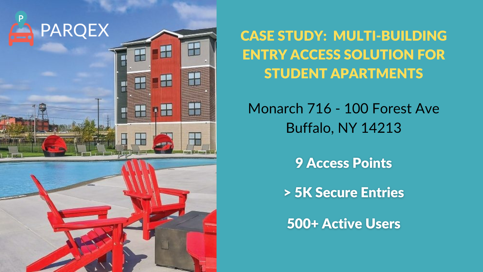Case Study Multi Building Entry Access Solution For Student Apartments Monarch 716 demonstrating ParqEx's smart parking technology in action.
