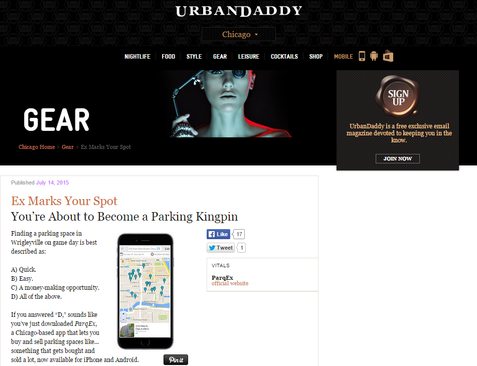 Urbandaddy Ex Marks Your Spot 2 demonstrating ParqEx's smart parking technology in action.