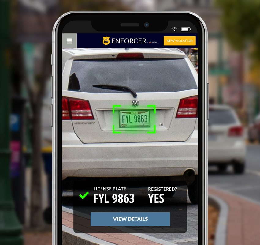 Enforcer App Features Mobile Lpr License Plate Recognition Blur demonstrating ParqEx's smart parking technology in action.