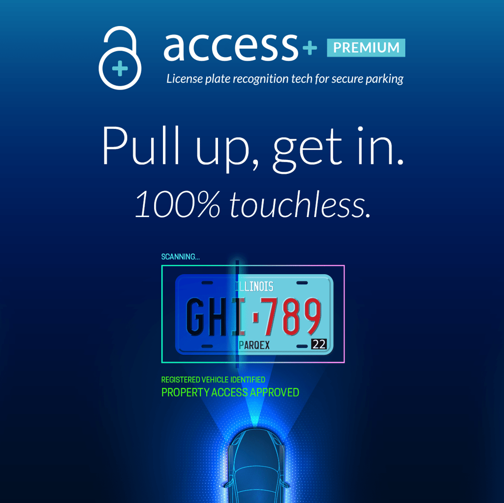 ParqEx launches Access+ Premium with License Plate Recognition.
CHICAGO, Illinois – June 3, 2020 – ParqEx announces the launch of their Access+ Premium product offering.
In 2015, ParqEx launched Access+ – a proprietary technology to open gates, garage doors, pedestrian doors, electronic/magnetic locks, control elevators, and more. Access+ Premium with License Plate Recognition (LPR) technology further enhances the value provided to real-estate property owners and managers by improving the security at the property while also improving the access experience for vehicle drivers when they enter or exit the property.