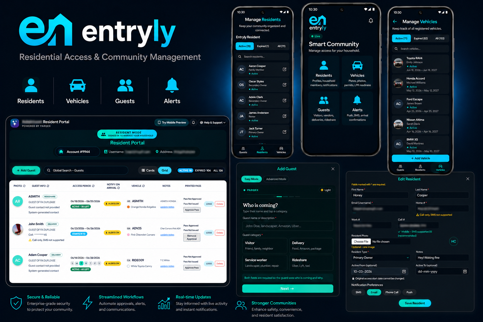 Entryly residential access and community management platform featuring resident portal, guest management, vehicle registration, visitor access control, and security workflows