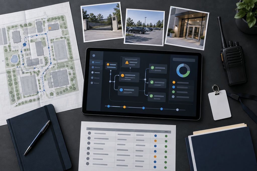 Overhead security operations desk with a property map, incident photos, radio, access log, and tablet showing connected cases.