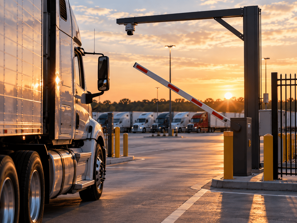 Commercial truck entering a secured parking facility using reservation-based access control and license plate recognition.