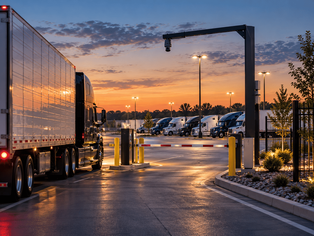 Alt text: Semi-truck arriving at a controlled commercial truck parking facility with reserved parking available.