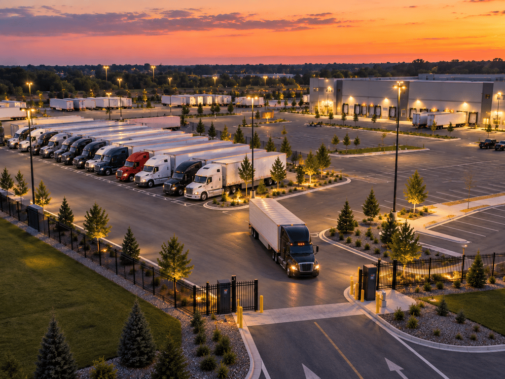 Organized reserved truck parking using designated spaces at a commercial property during off-hours.